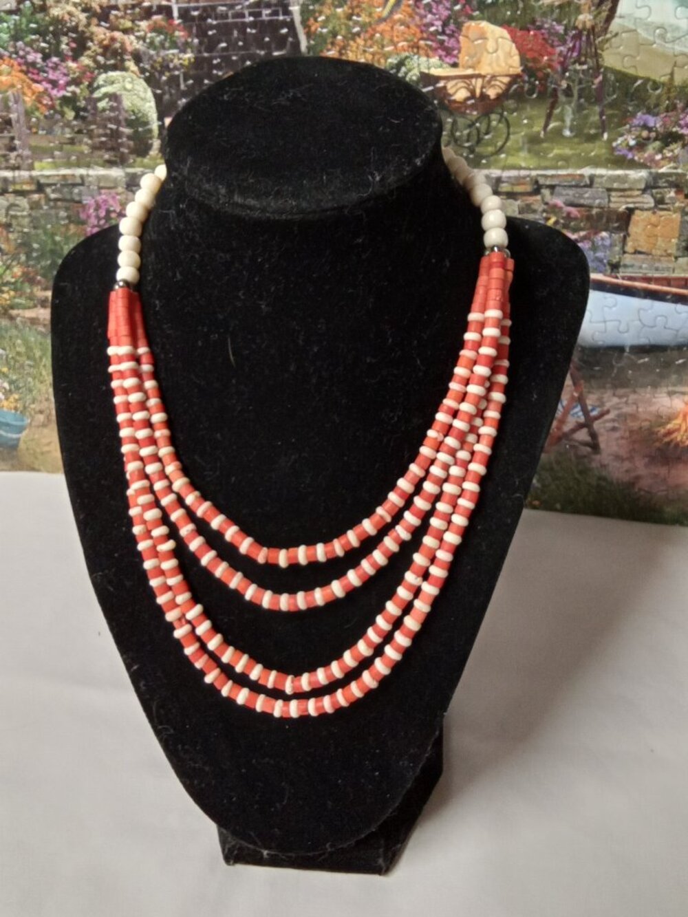 Vintage Beaded Wood Cream n Orange Necklace